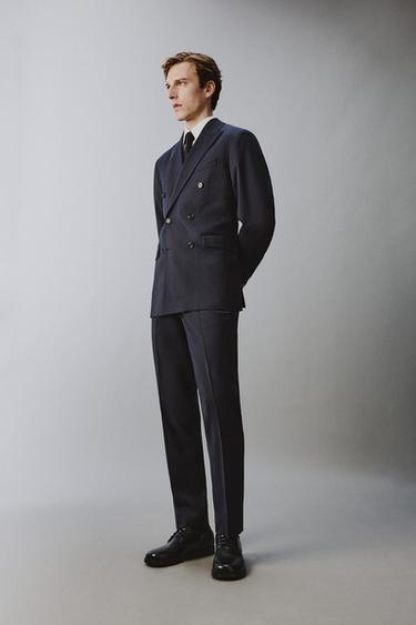 100% WOOL PINSTRIPE SUIT BLAZER - Navy blue by Zara - Image 3