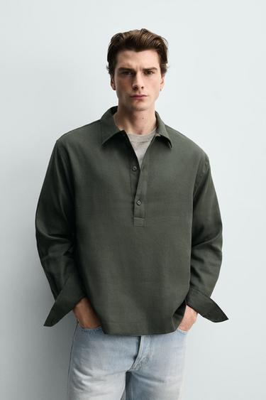 Zara COTTON - LINEN POLO SHIRT - Dark khaki