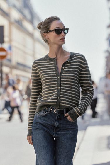 Zara STRIPED CARDIGAN - Gray / Beige - Image 0
