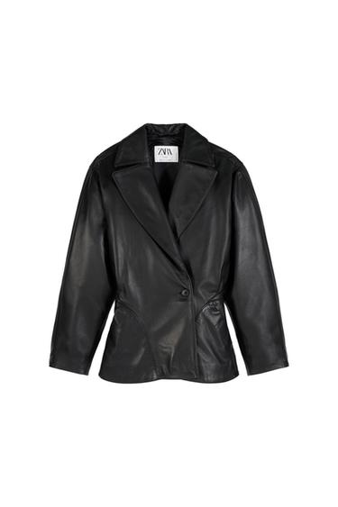 Black faux-leather jacket with lapels, a one-button fastening and a fitted waist against a white background. ZARA label visible.