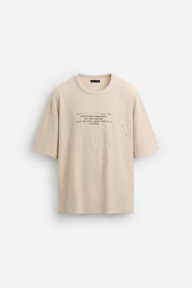 Zara PRINTED KNIT T-SHIRT - Sand