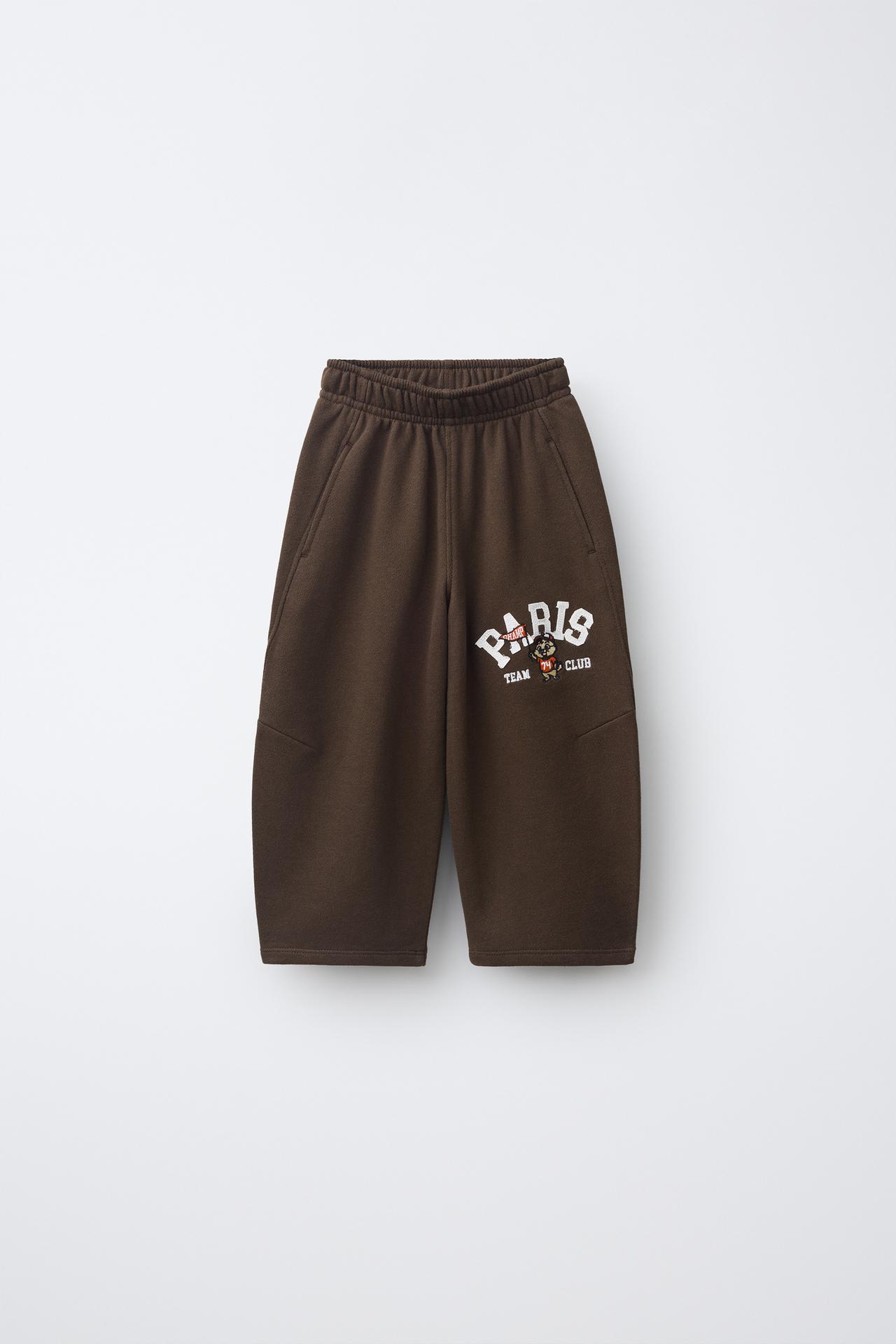 EMBROIDERED PLUSH BARREL PANTS — Brown