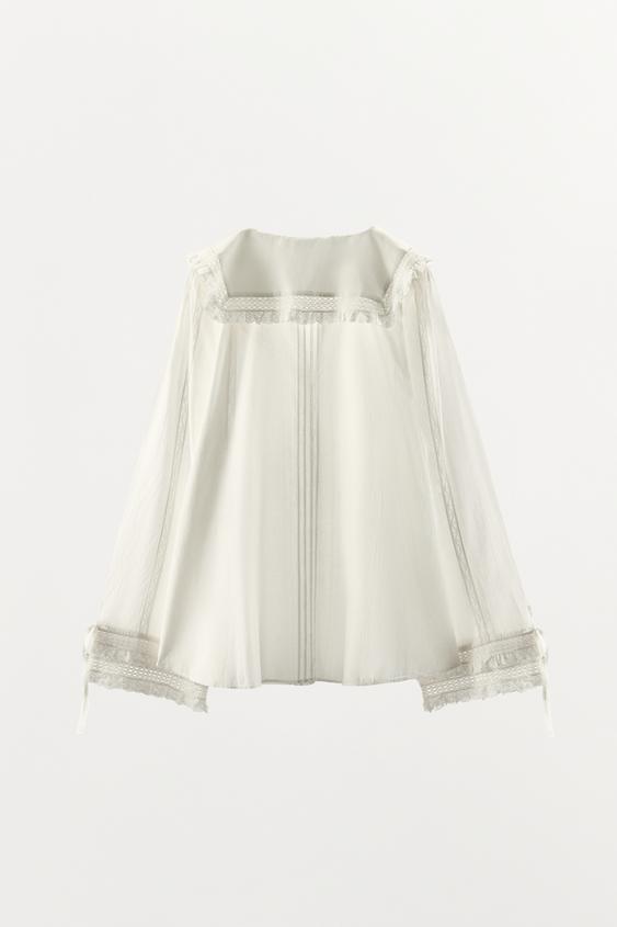 レーストリム刺繍コットンブラウス - オフホワイト | ZARA Japan / 日本