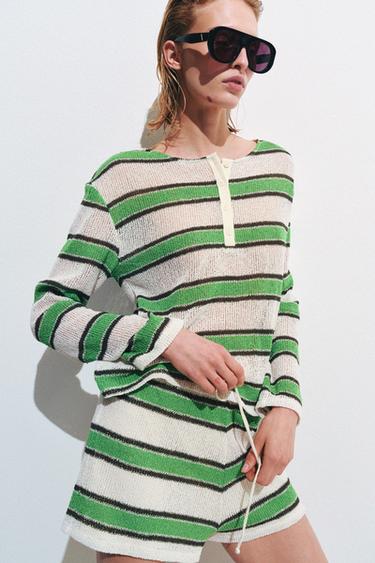 Zara RUSTIC STRIPED T-SHIRT - Green stripe