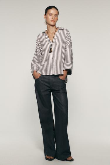 CAMISA RAYAS - marron/blanco de Zara