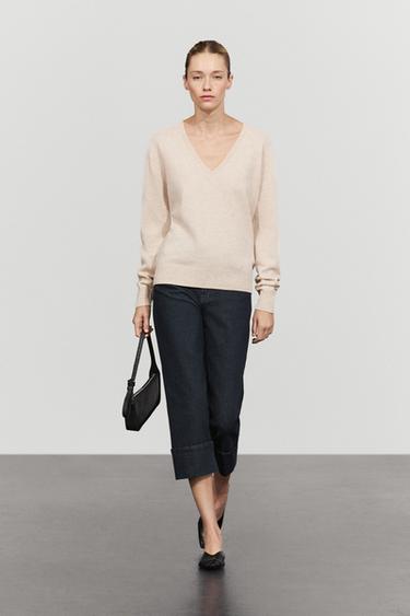 Pull à col en V en maille de laine mélangée - Beige chiné de Zara - Image 0