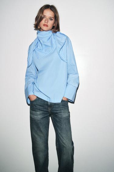 STRIPED SHIRT WITH MULTI-POSITION SCARF ZW COLLECTION - White / Sky blue by Zara - Image 4