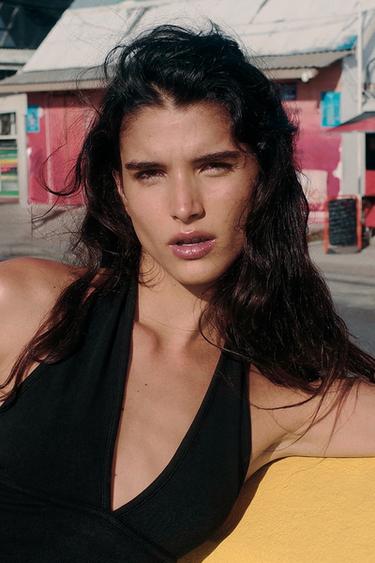 Zara POLKA DOT STRETCH HALTER TOP - Black