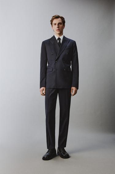 ÁO KHOÁC BLAZER THEO BỘ HỌA TIẾT KẺ SỌC NHỎ 100% LEN - Màu xanh nước biển từ Zara