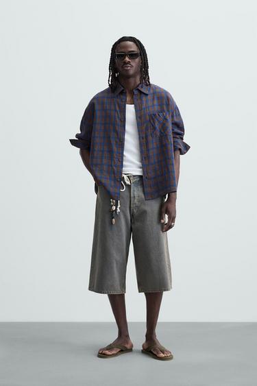 CAMISA CUADROS ALGODÓN - LINO - Marrón-Azul de Zara - Imagen 0