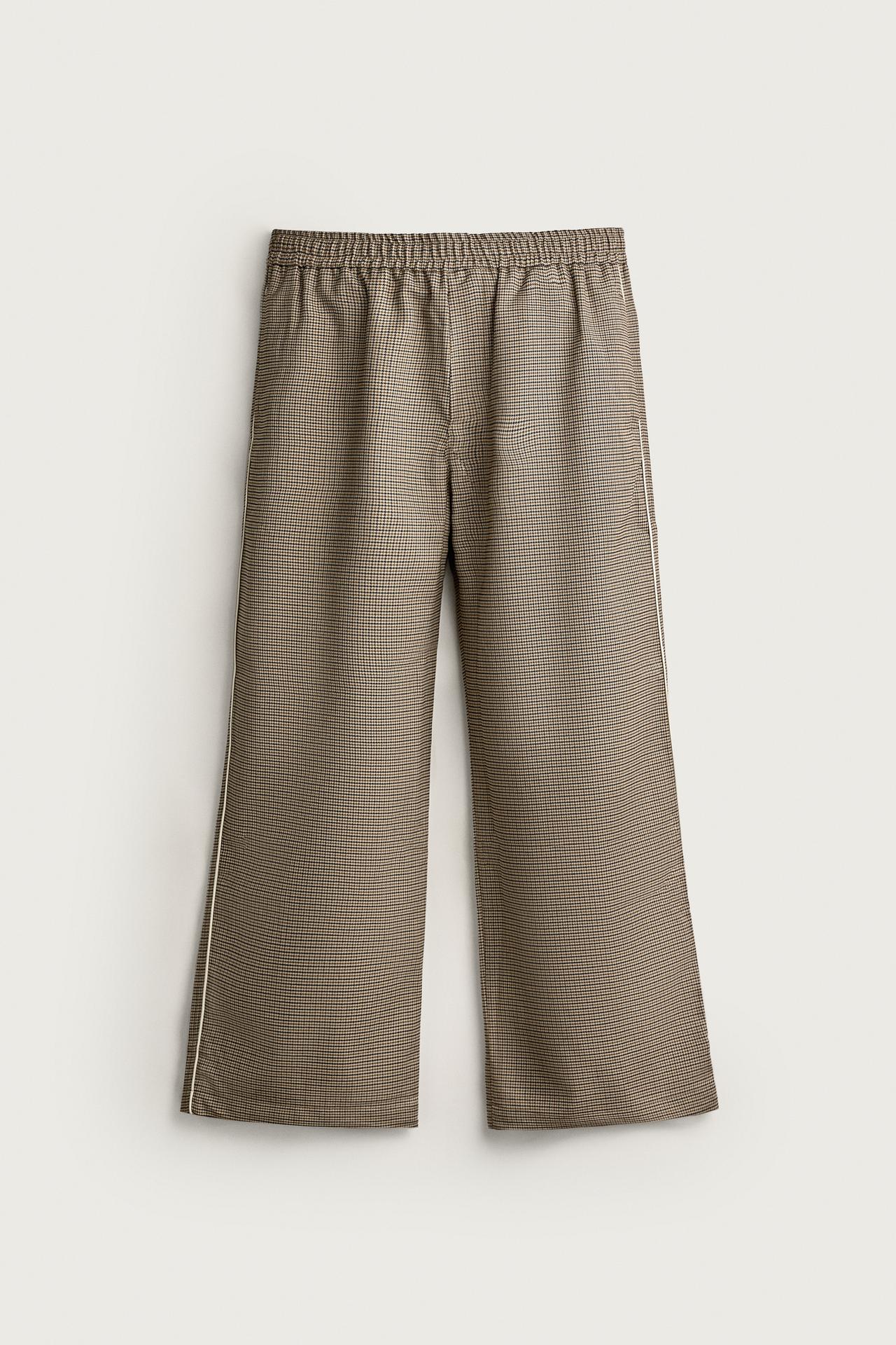 CONTRAST HOUNDSTOOTH RELAXED-FIT PANTS — Beige