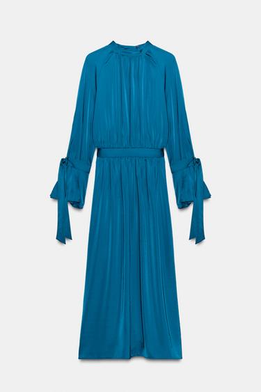ROBE MIDI SATINÉE À LACETS - Bleu canard de Zara - Image 6
