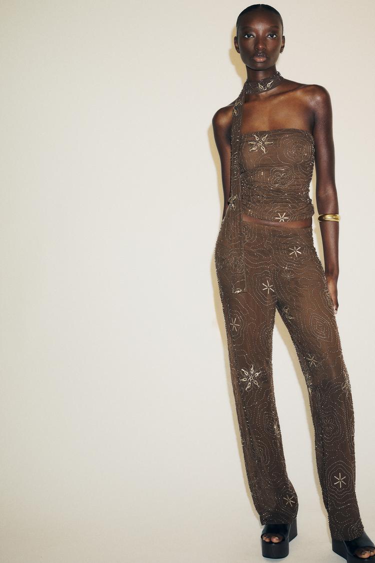 BEADED FOULARD TOP Chocolate ZARA Australia