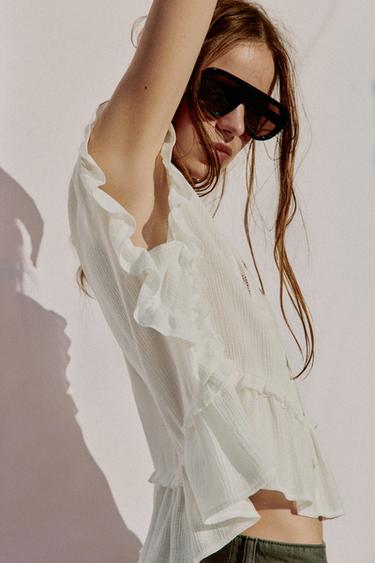 Zara EMBROIDERED RUFFLE TOP - White
