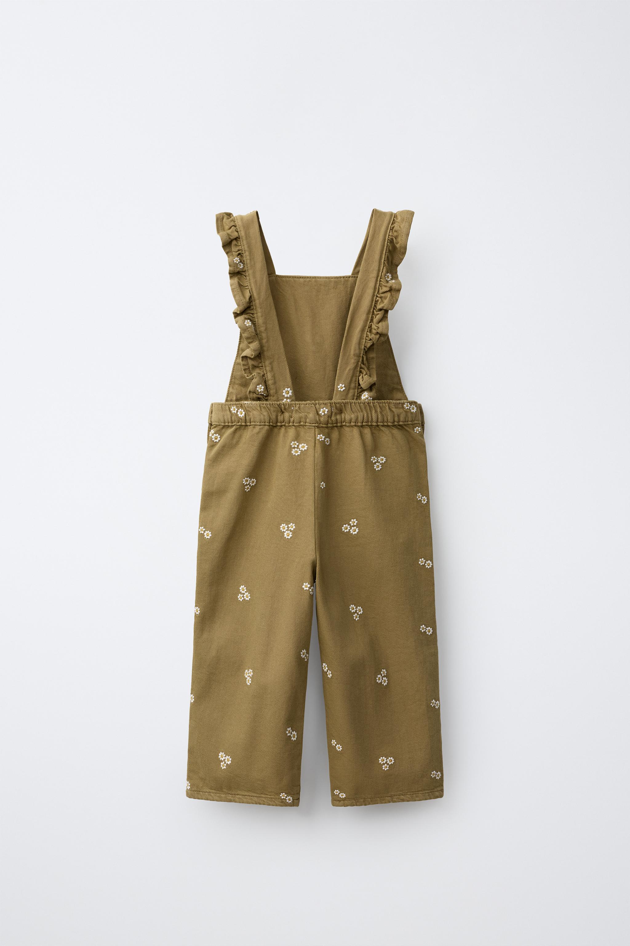 EMBROIDERED FLORAL TWILL OVERALLS — Mid-green