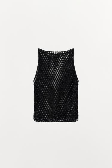 TEXTURED LACE KNIT BEADED TOP - Black by Zara