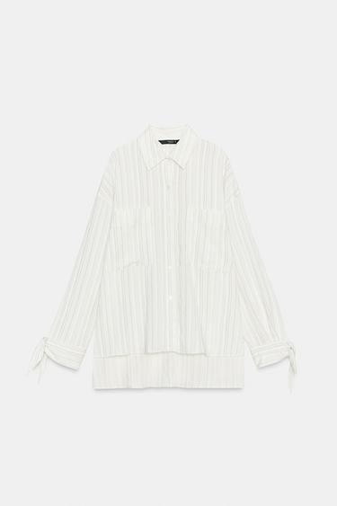 CAMISA RAYAS LAZADA PUÑO - Blanco roto de Zara
