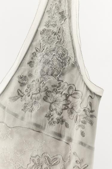 GEORGETTE DRESS WITH EMBROIDERY AND BEADS - Taupe grey by Zara - Image 7