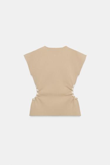TOP EN MAILLE AJOURÉ AVEC PERLES - Beige rosé de Zara - Image 6