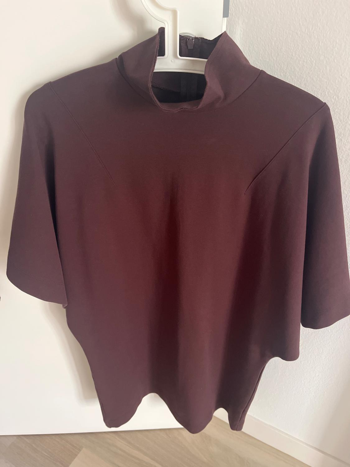 Maroon high-neck, loose short-sleeved top hanging on a white hanger in front of a white door.