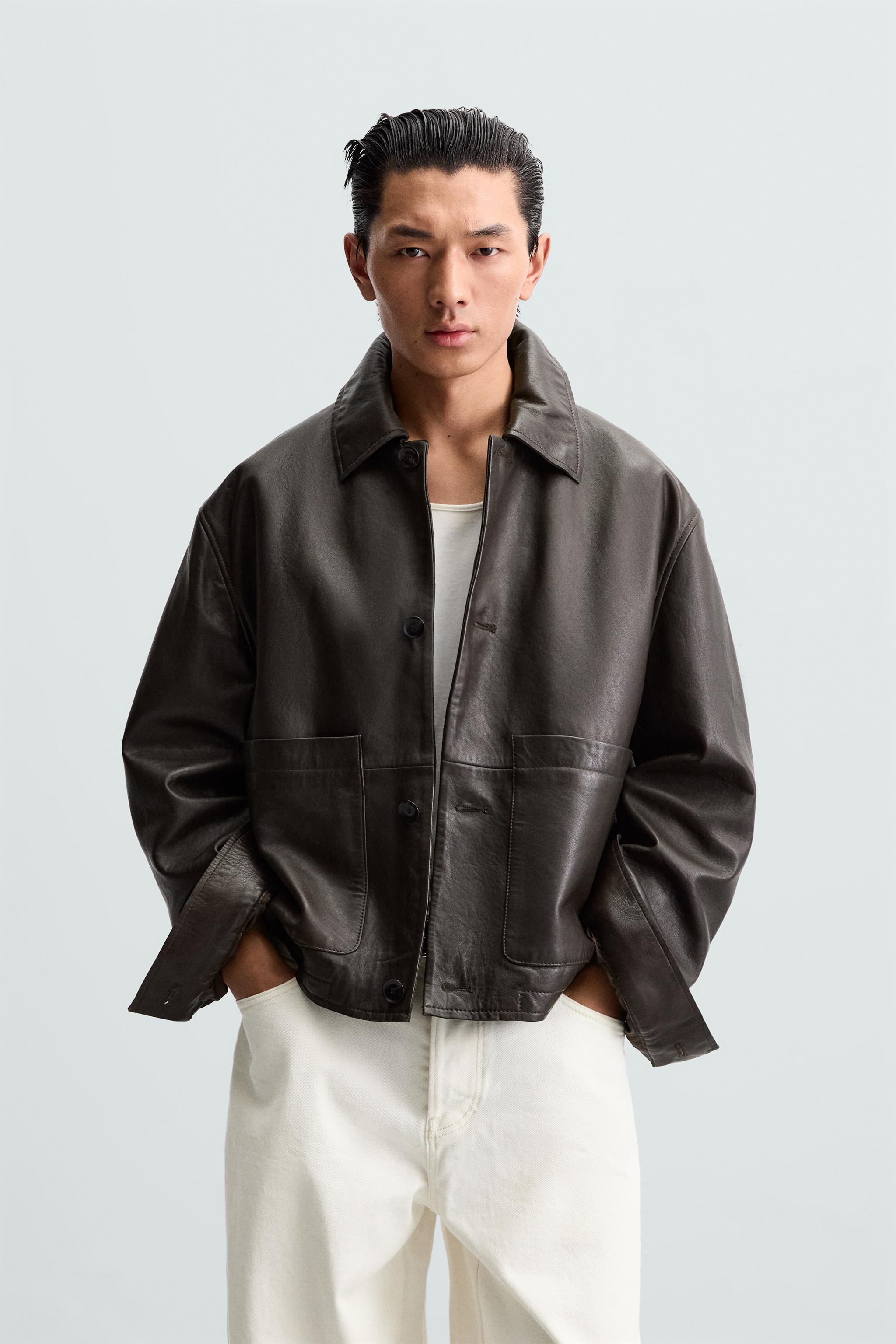 JAQUETA DE COURO COM BOLSOS - Marrom | ZARA Brasil