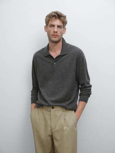Zara 100% cashmere ribbed knit polo shirt - Mid-gray