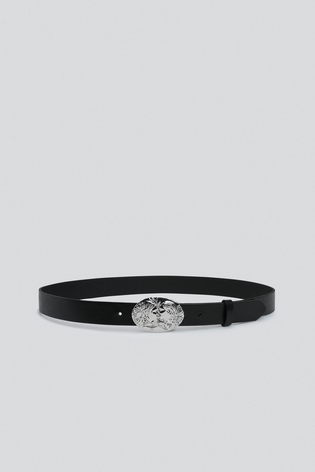 100% LEATHER OVAL BUCKLE BELT — Black