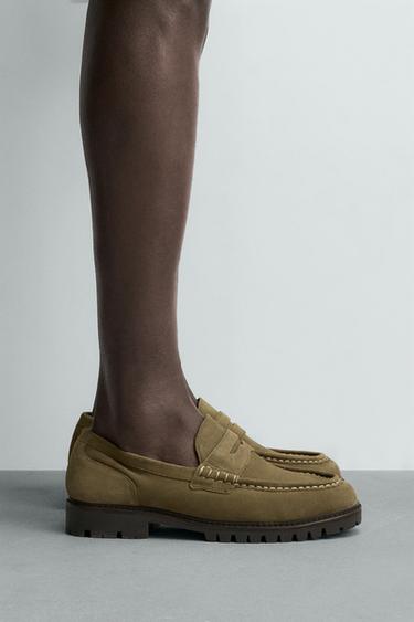 LEATHER PENNY LOAFERS WITH TRACK SOLE - Beige by Zara - Image 1