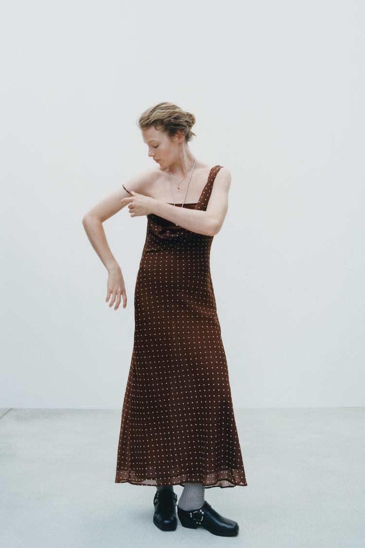 VESTITO A POIS CON SCOLLO DRAPPEGGIATO Marrone Ecrù ZARA