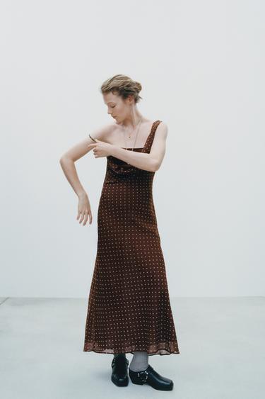 DRAPED NECK POLKA DOT DRESS - Brown / Ecru by Zara - Image 0