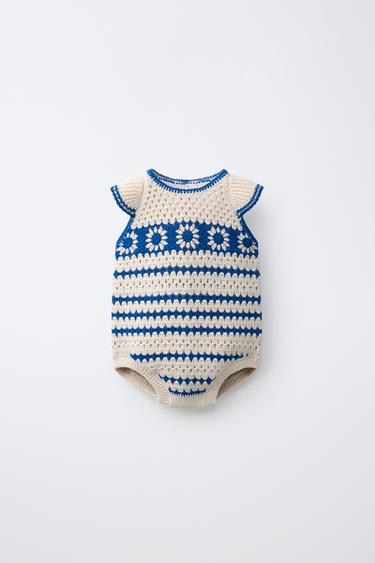 CROCHET KNIT ROMPER - Ecru / Blue by Zara
