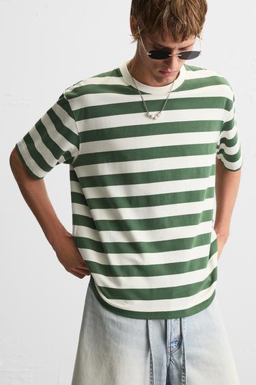 T-SHIRT JACQUARD À RAYURES - Blanc / Vert de Zara - Image 4