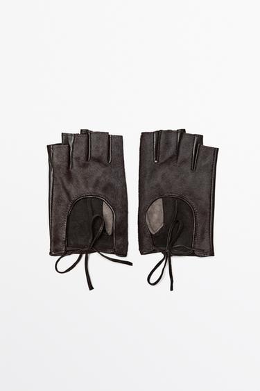 Zara Fur-trimmed leather biker gloves - Brown
