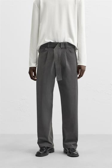 PANTALÓN CINTURÓN PLIEGUES - Carbón de Zara