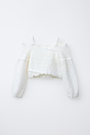 Zara TEXTURED SURPLICE TOP - Ecru