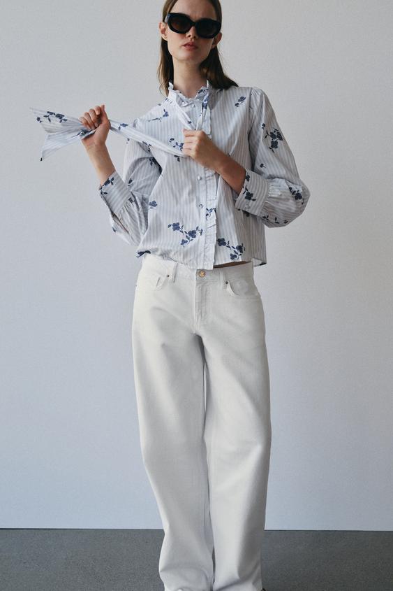 FLORAL PRINT BLOUSE WITH TIED DETAIL - Blue/White by Zara - Image 0