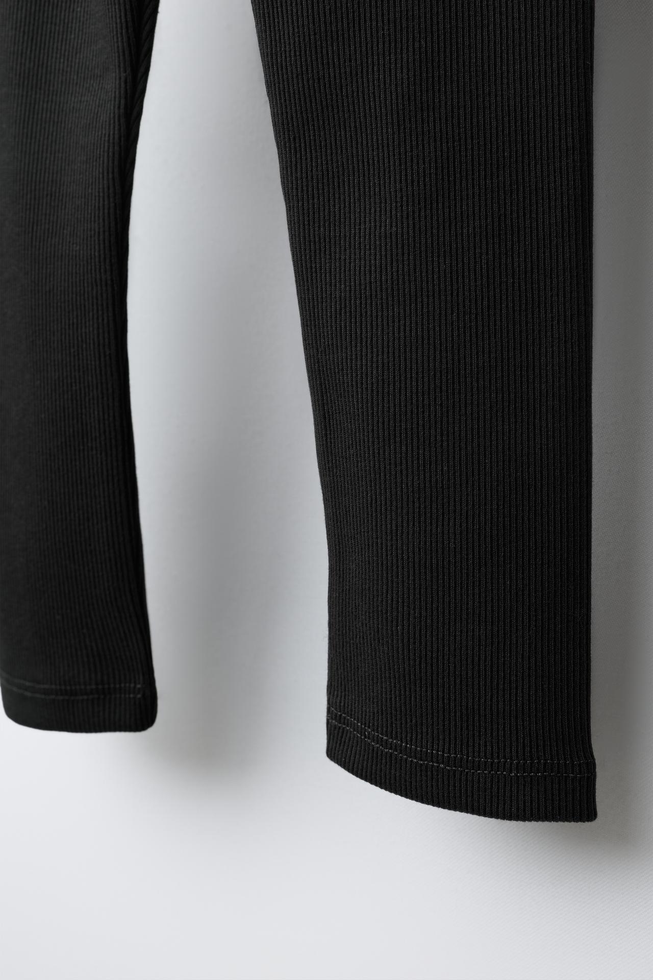 LABEL DETAIL RIBBED LEGGINGS — Black