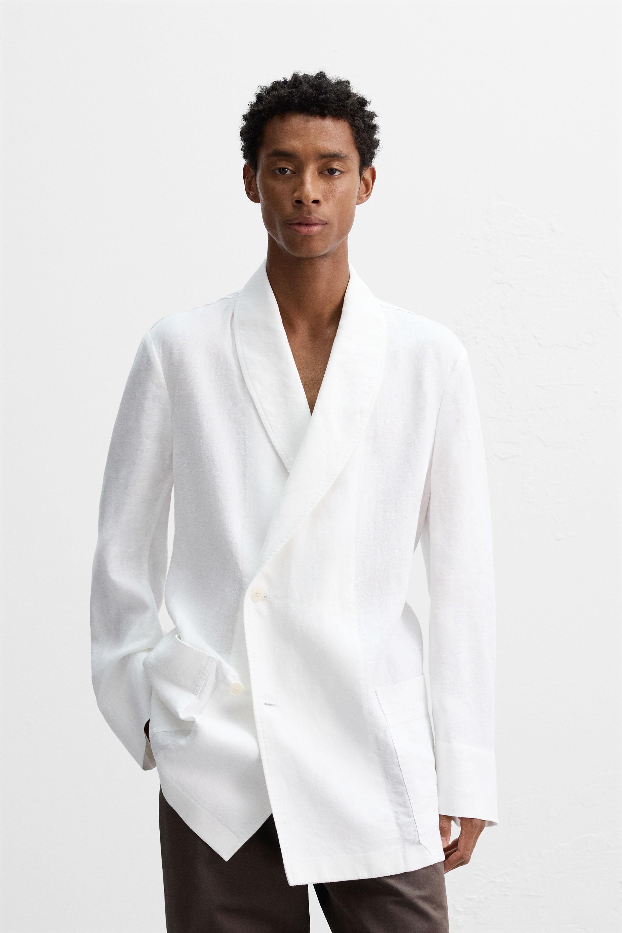 スペイン発送 ZARA リネン素材のスリムフィット半袖ブレザー リネン ショートスリーブ テーラードブレザー - ライトブルー