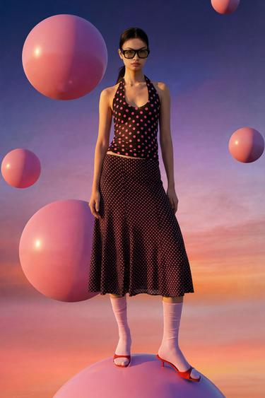 Zara 圓點中長裙 - 棕色