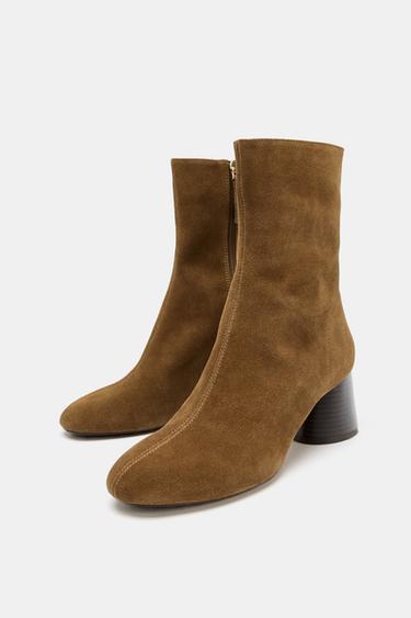 SPLIT SUEDE BLOCK HEEL ANKLE BOOTS - Sand Brown by Zara - Image 3