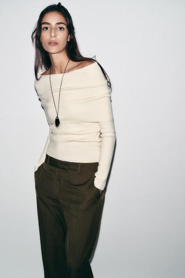 Zara RUCHED STRAPLESS KNIT TOP - Ecru