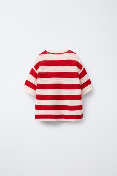 T-SHIRT MAILLES RAYURES BRODÉ PHARE - Écru / Rouge de Zara - Image 1