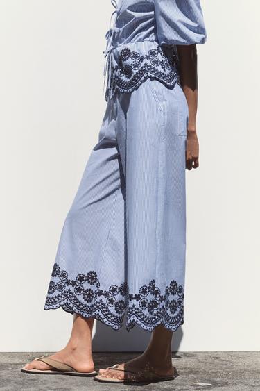 EMBROIDERED STRIPED CULOTTES - Blue / Indigo by Zara - Image 5