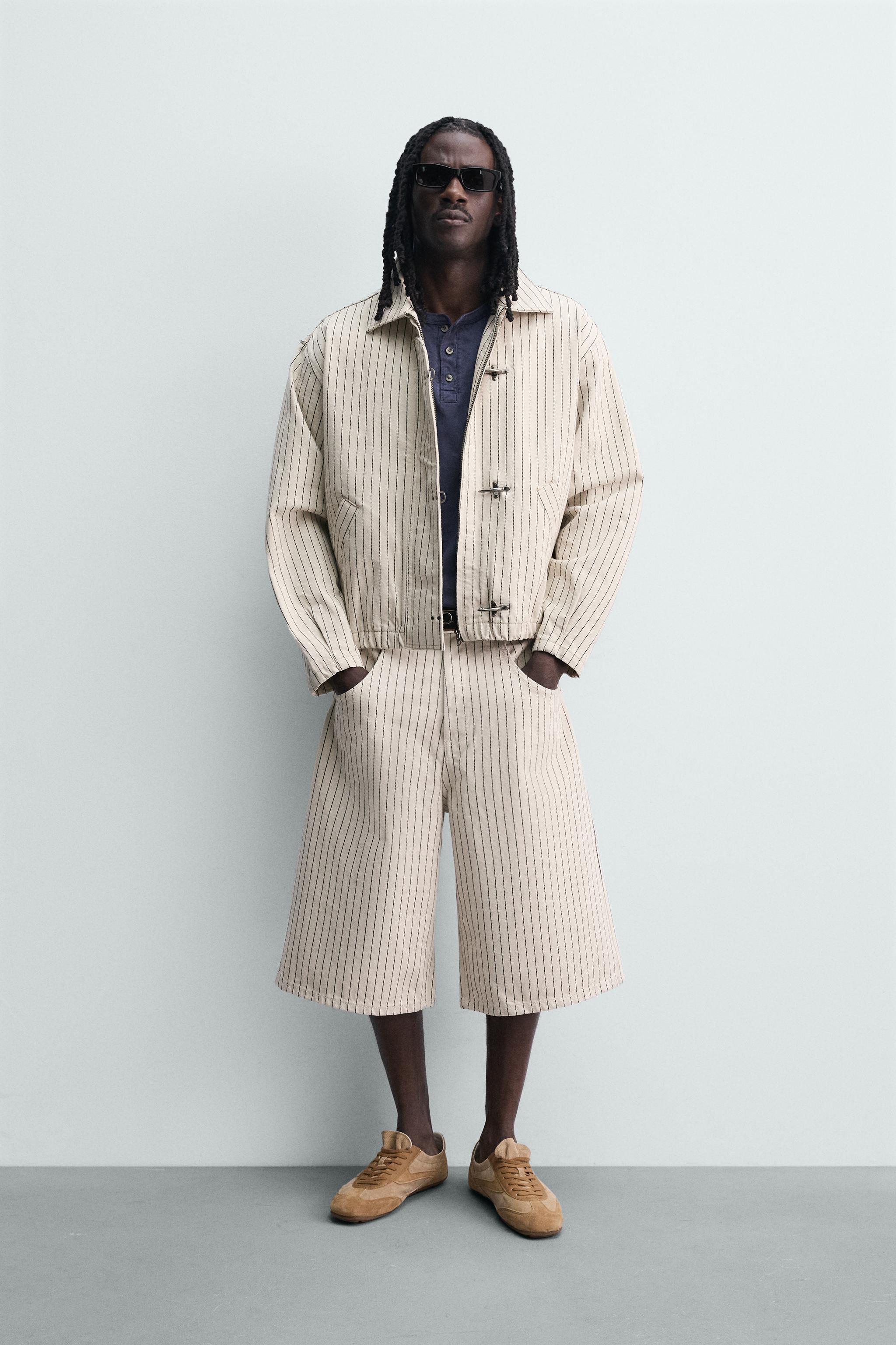CROPPED STRIPED FIREMAN CLASP JACKET - Ecru | ZARA Canada