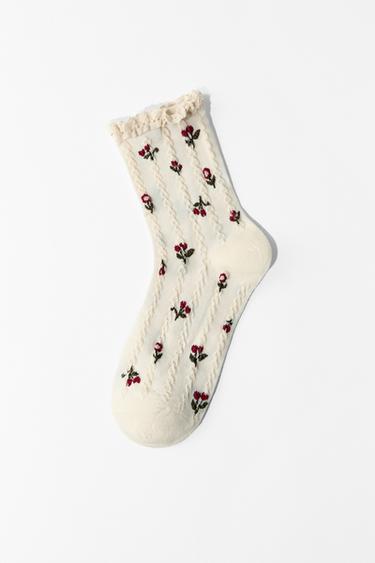 CHAUSSETTES IMPRIMÉ FLEURS DENTELLE - Écru de Zara