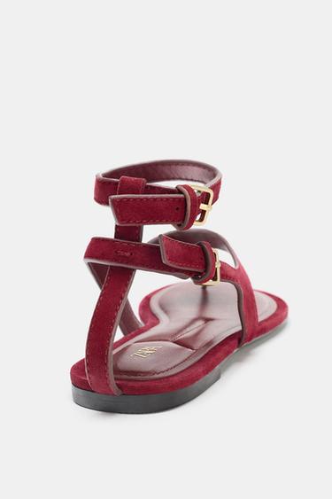 SPLIT SUEDE FLAT TOE POST SANDALS - Red by Zara - Image 4