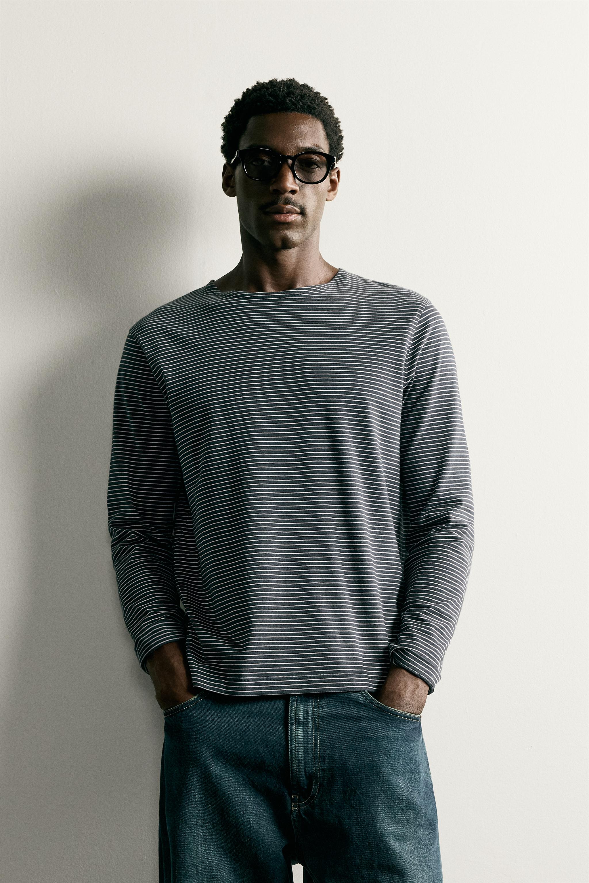 JACQUARD STRIPED T-SHIRT — Navy blue