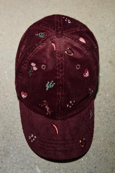 Zara EMBROIDERED CORDUROY CAP - Burgundy - Image 0