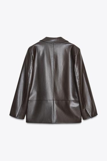 Zara FAUX LEATHER STRAIGHT FIT BLAZER - Chocolate