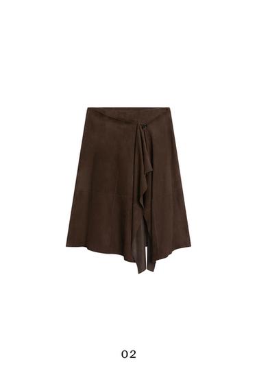 Zara Suede leather midi skirt with ruffle detail - Brown